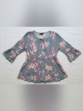 Lane Bryant Grey Floral Tie-Neck Peplum Top with Pink Flowers